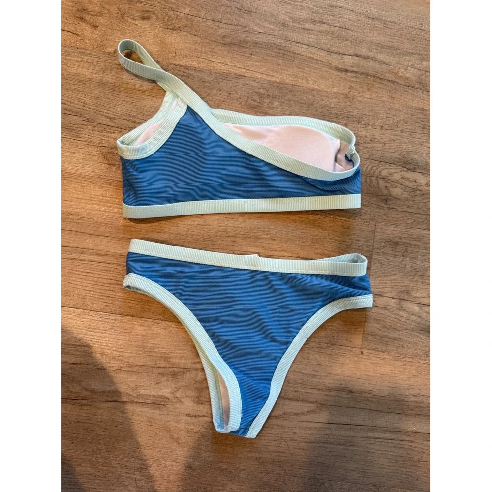 Blue Ribbed One Shoulder Bikini Set Mint Green Trim‎ Size Medium
